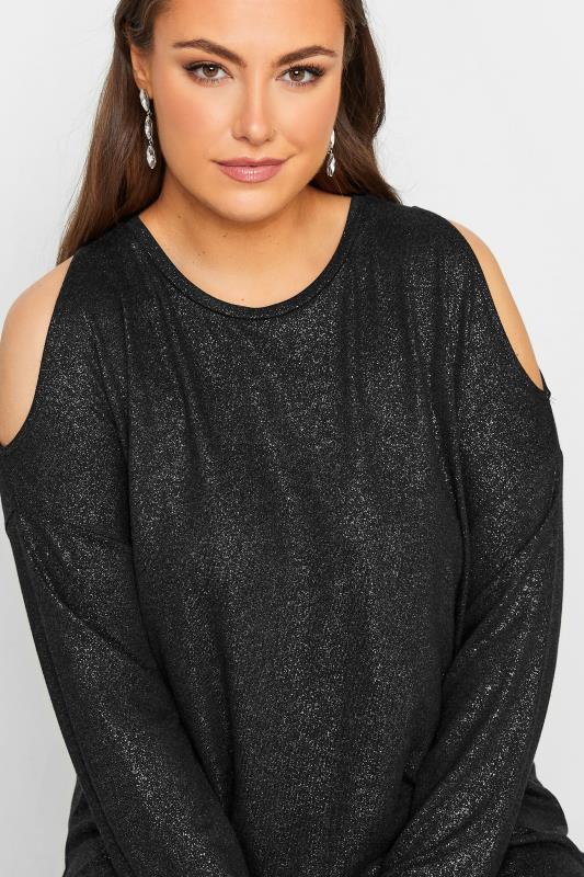 Curve Plus Size Black Glitter Long Sleeve Cold Shoulder Top | Yours Clothing 1