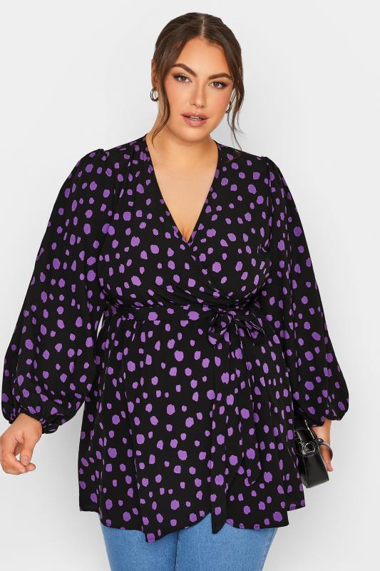 Plus Size Black & Purple Dalmatian Print Balloon Sleeve Wrap Top | Yours Clothing 1