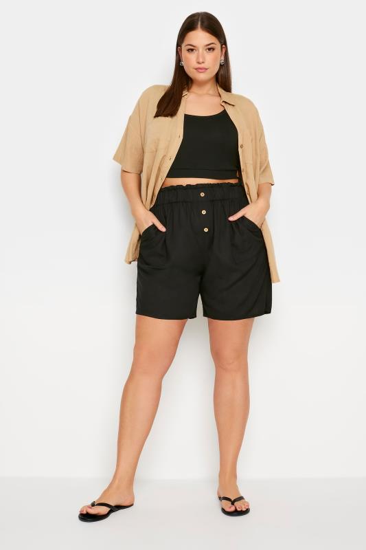 YOURS Plus Size Black Button Front Paperbag Shorts | Yours Clothing 2