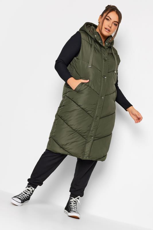 YOURS Curve Green Quilted Longline Hooded Gilet | Yours Clothing 3