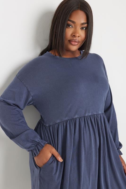 YOURS Plus Size Blue Acid Wash Frill Sleeve Midi Dress | Yours Clothing 4