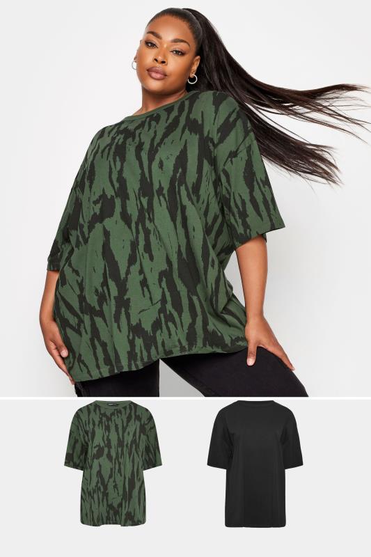 YOURS 2 PACK Plus Size Khaki Green & Black Animal Print T-Shirts | Yours Clothing 1