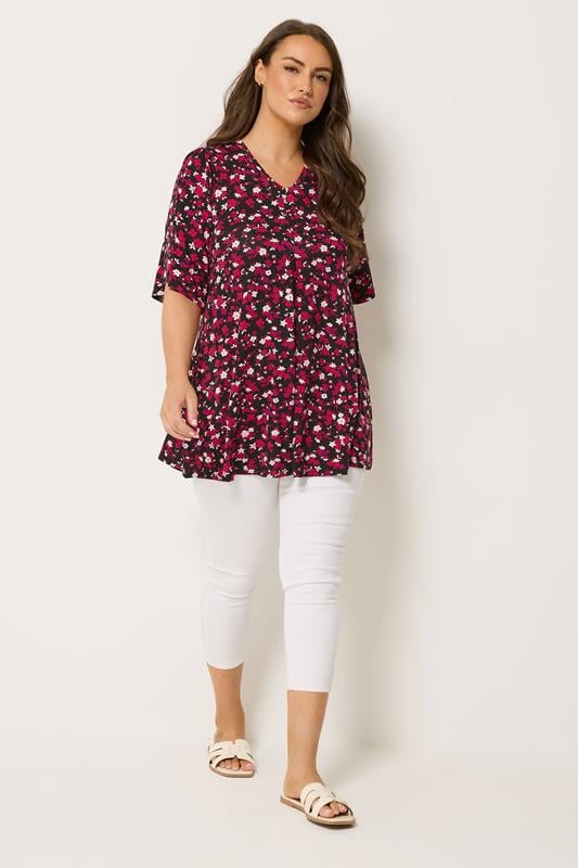 YOURS Plus Size Black Floral Pleated Front Top | Yours Clothing 1
