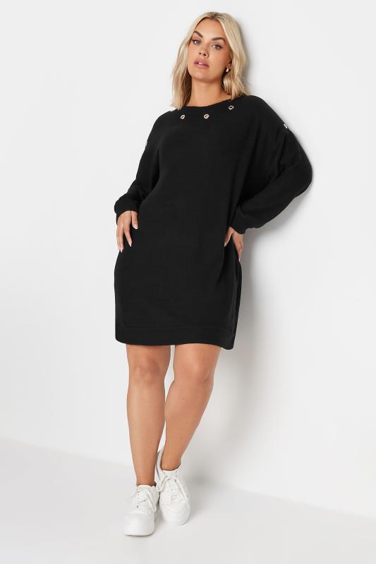 YOURS Plus Size Black Eyelet Soft Touch Jumper Dress | Yours Clothing 1