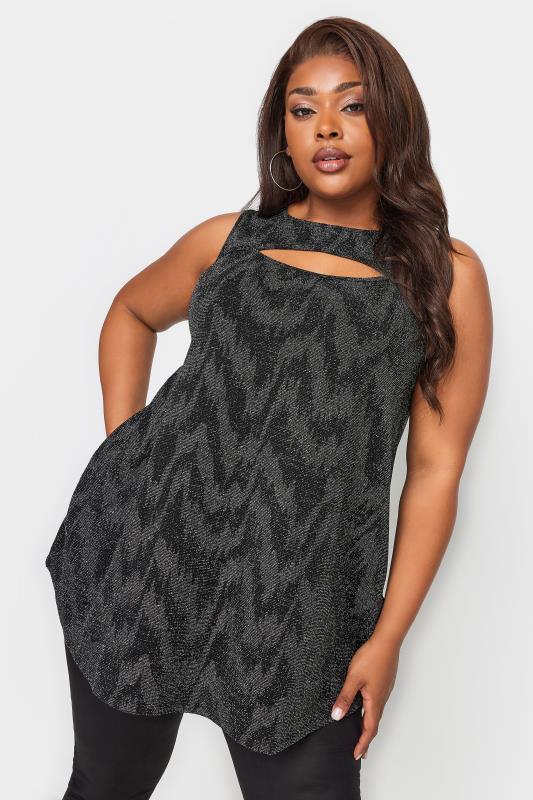 YOURS Plus Size Black & Silver Glitter Cut Out Vest Top | Yours Clothing 1