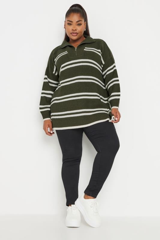 YOURS Plus Size Green Stripe Quarter Zip Knitted Jumper | Yours Clothing 2