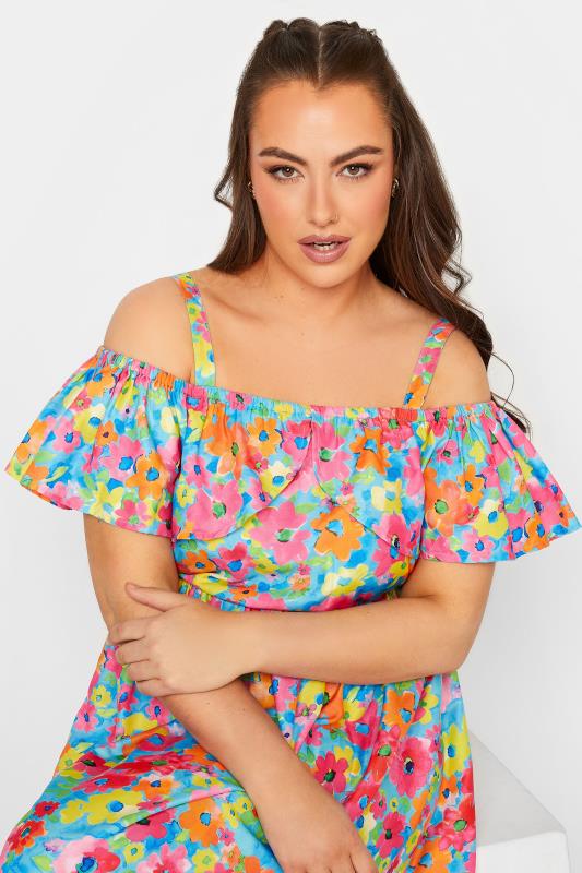 LIMITED COLLECTION Plus Size Blue Floral Frill Cold Shoulder Midi Dress | Yours Clothing 6