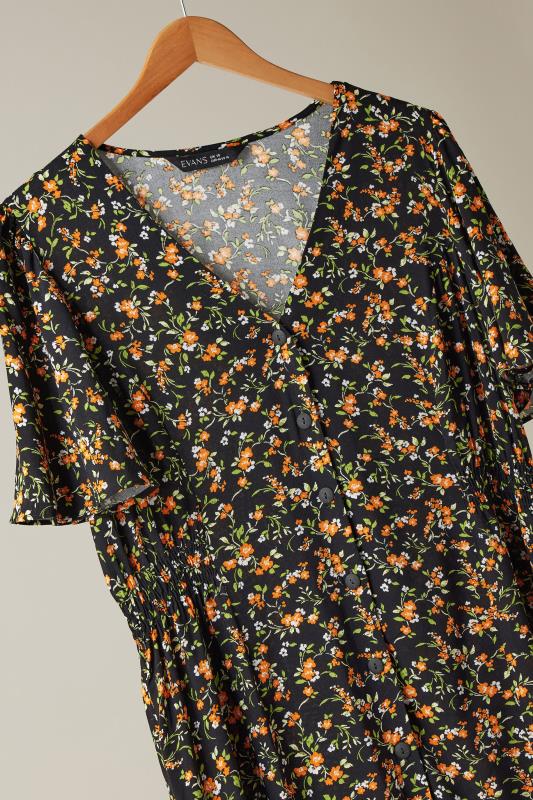 EVANS Plus Size Black & Orange Floral Print Midi Dress | Evans 7
