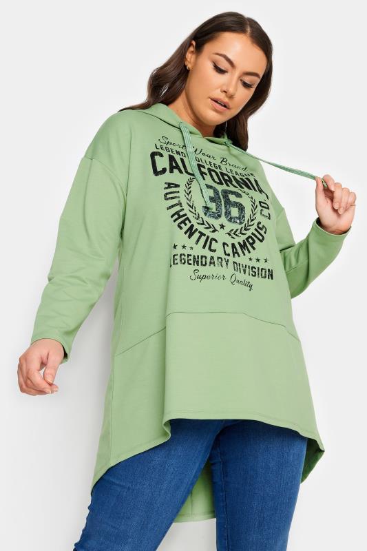 Plus Size  YOURS Curve Green 'California' Slogan Longline Hoodie