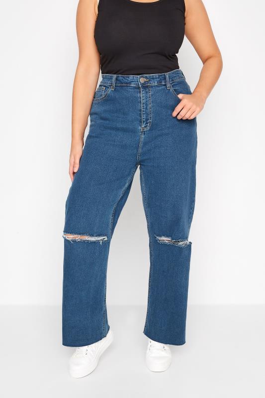 Plus Size  Curve Mid Blue Ripped Stretch Wide Leg Jeans