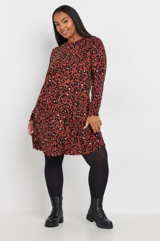 YOURS Plus Size Rust Orange Leopard Print Lettuce Edge Tunic Top | Yours Clothing 2