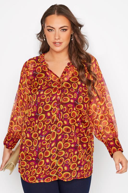 Plus Size Orange Retro Swirl Print Balloon Sleeve Shirt | Yours Clothing 1