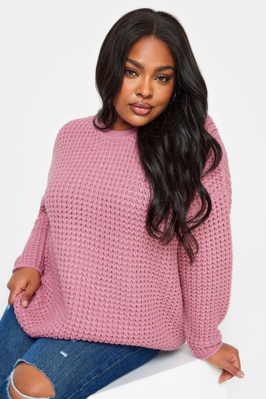 YOURS Plus Size Pink Waffle Knit Jumper | Yours Clothing 5