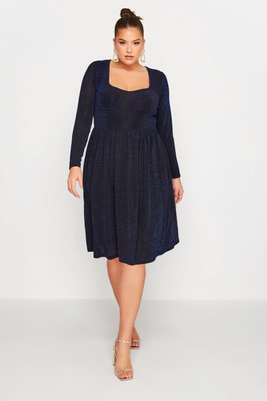LIMITED COLLECTION Plus Size Black & Blue Glitter Sweetheart Neck Dress | Yours Clothing 2