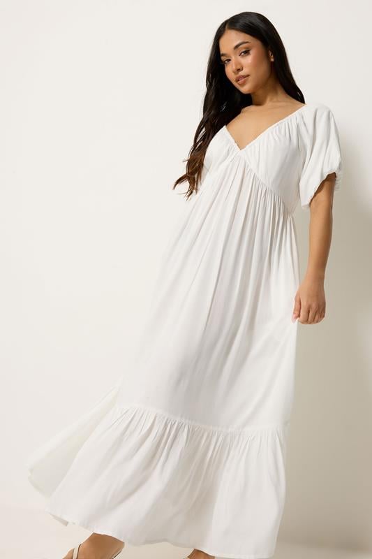 PixieGirl Petite Women's White Puff Sleeve Maxi Dress | PixieGirl 1