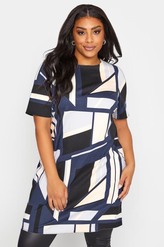 Plus Size  Black & Blue Geometric Print Tunic Dress