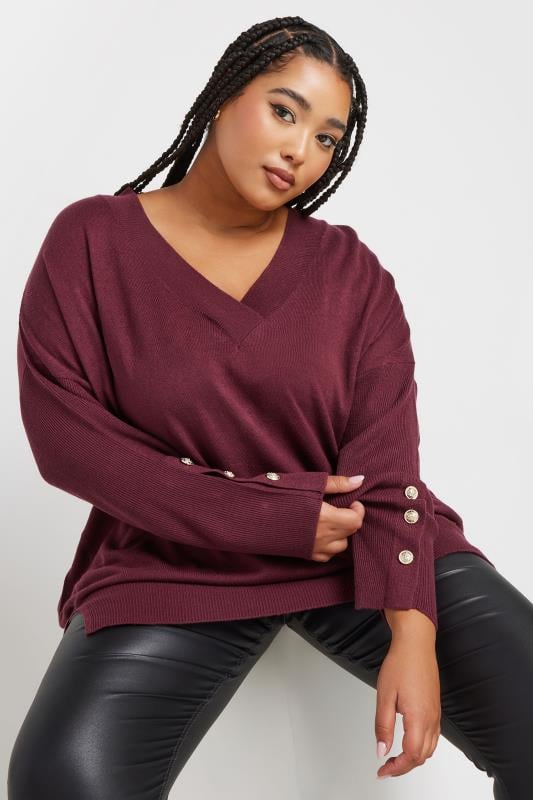  Grande Taille YOURS Curve Burgundy Red Button Sleeve Jumper