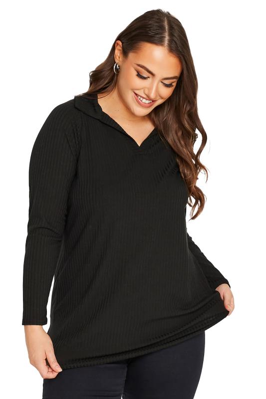 Curve Black Long Sleeve Ribbed Collar Top | Yours Clothing 8