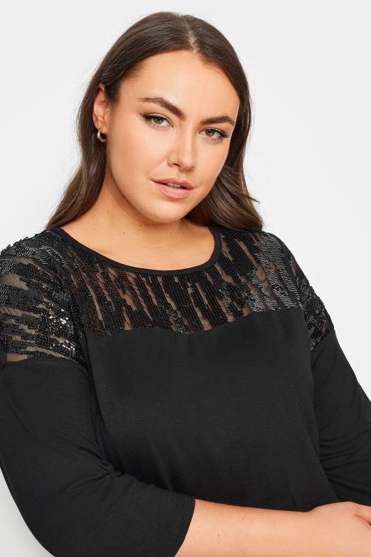 YOURS Plus Size Black Sequin Mesh Top | Yours Clothing 4