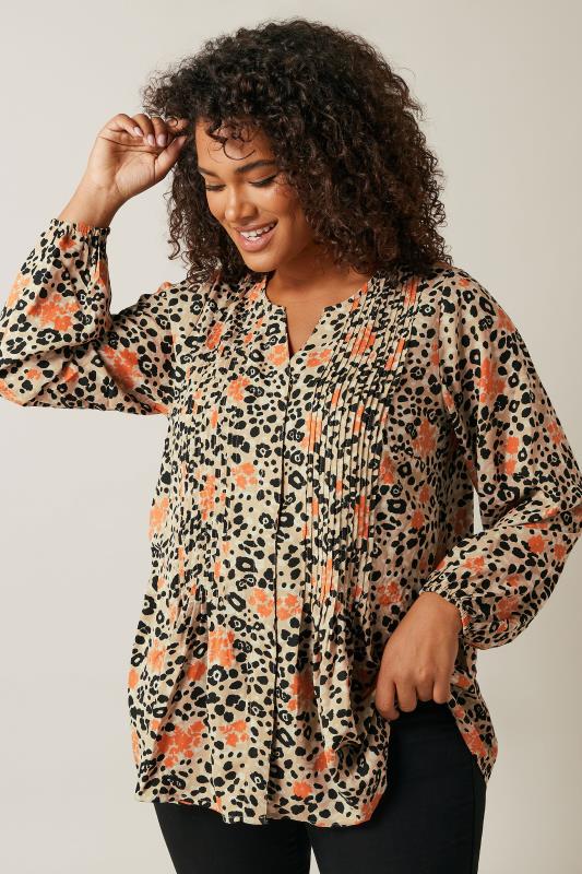 EVANS Plus Size Natural Brown Leopard Print Pintuck Blouse | Evans  3