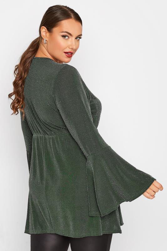 LIMITED COLLECTION Plus Size Forest Green Glitter Flare Sleeve Wrap Top | Yours Clothing 3