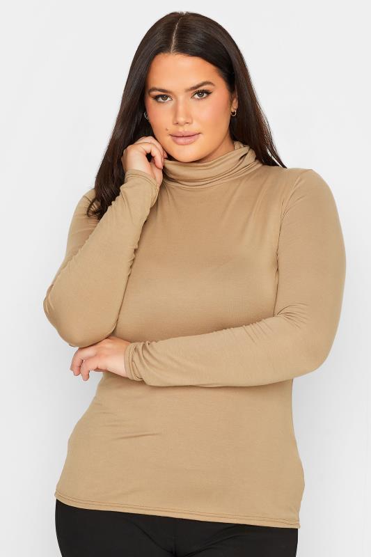  Grande Taille LTS Tall Beige Brown Long Sleeve Turtleneck Top
