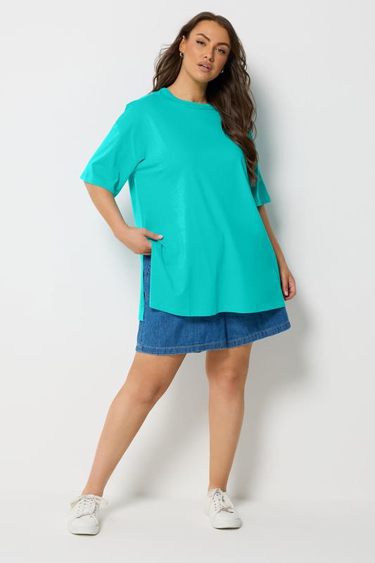 YOURS Plus Size Turquoise Side Split Longline Side T-Shirt | Yours Clothing 1