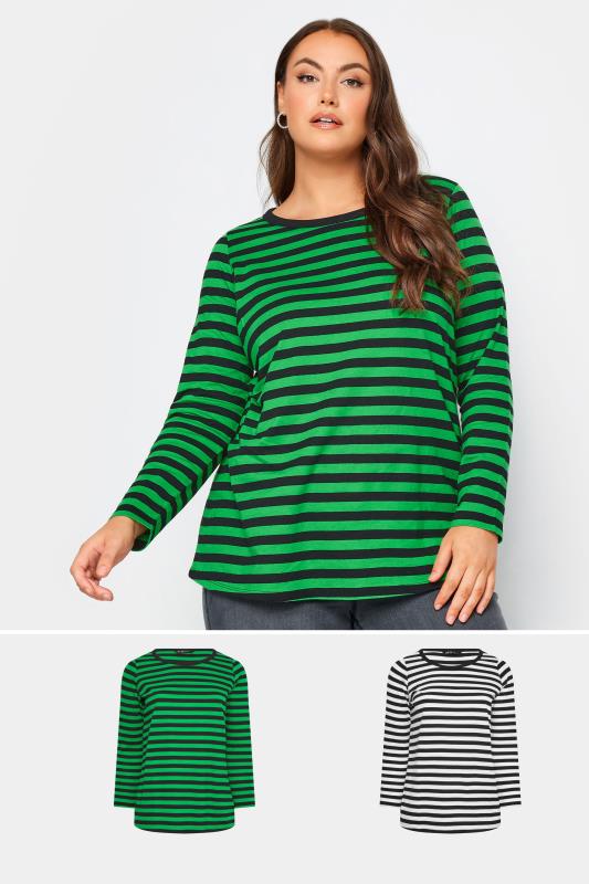 YOURS 2 PACK Plus Size Green & White Stripe Long Sleeve T-Shirts | Yours Clothing 1