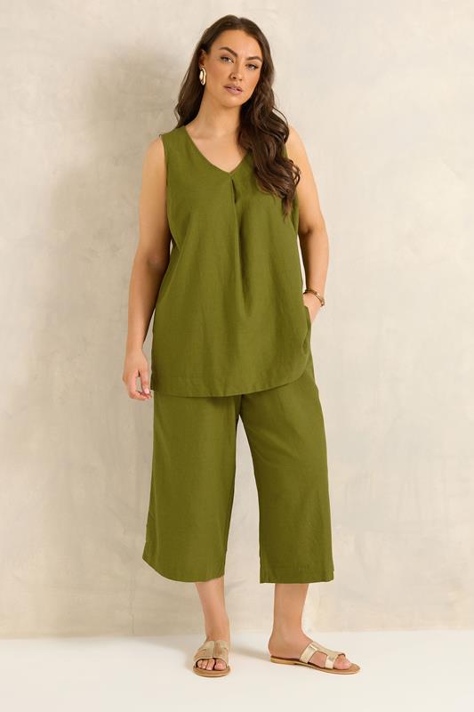 EVANS Plus Size Set Green Linen Vest & Trouser | Evans 1