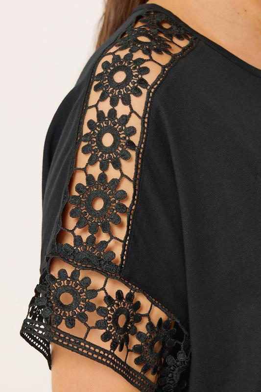 YOURS Curve Black Crochet Sleeve Boxy T-Shirt | Yours Clothing 4