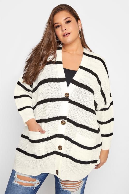 Plus Size  White Stripe Mono Button Knitted Cardigan