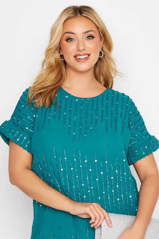 Plus Size LUXE Teal Blue Sequin Hand Embellished Top | Yours Clothing 5
