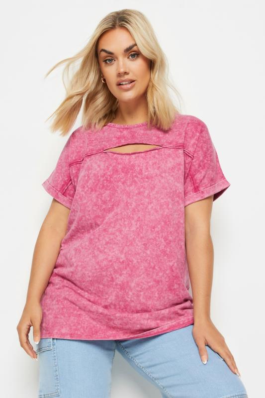YOURS Plus Size Pink Acid Wash Cut Out T-Shirt | Yours Clothing 1