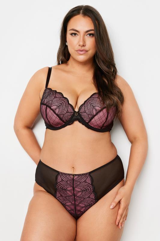 YOURS Plus Size Black & Pink Lace Detail Mesh Padded Bra | Yours Clothing 1