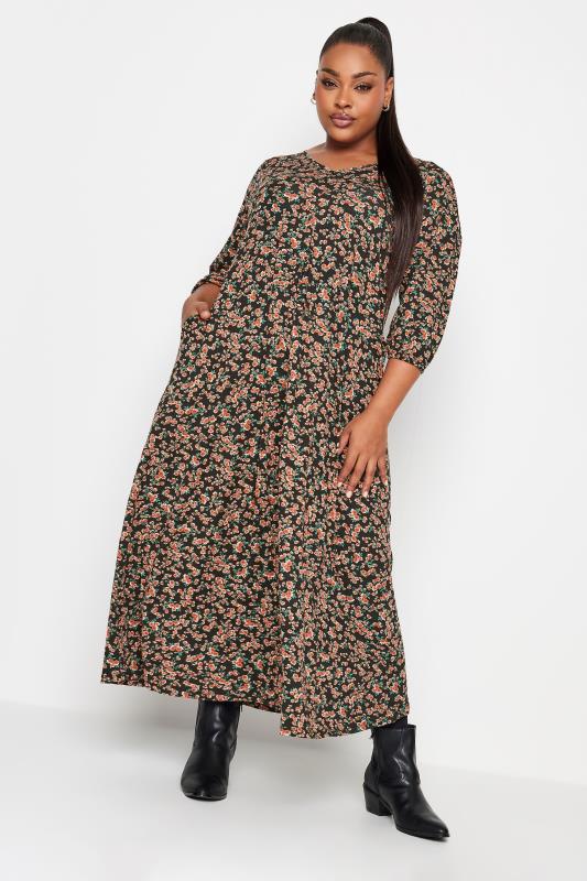 YOURS Plus Size Black & Red Floral Print Swing Maxi Dress | Yours Clothing 1