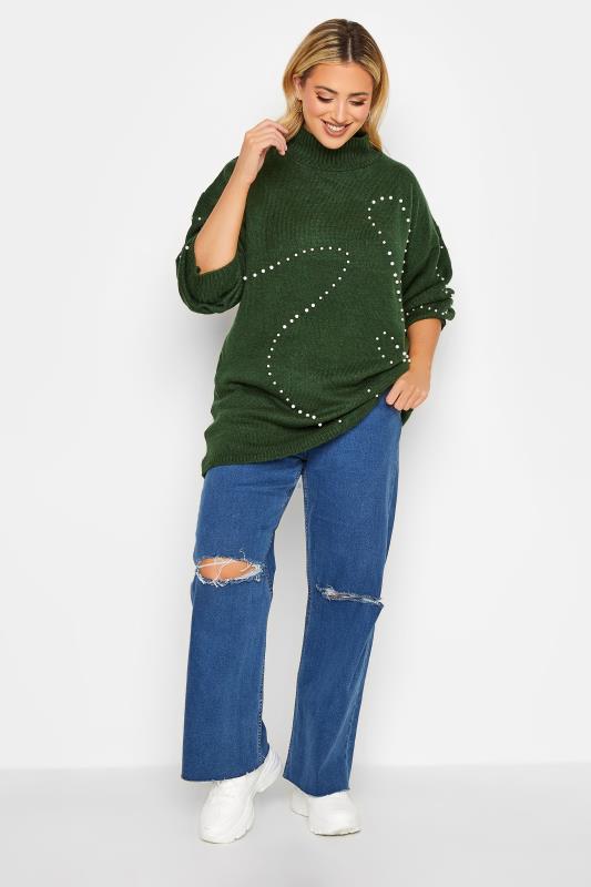 YOURS LUXURY Plus Size Green Pearl Embellished Batwing Jumper | Yours Clothing 3