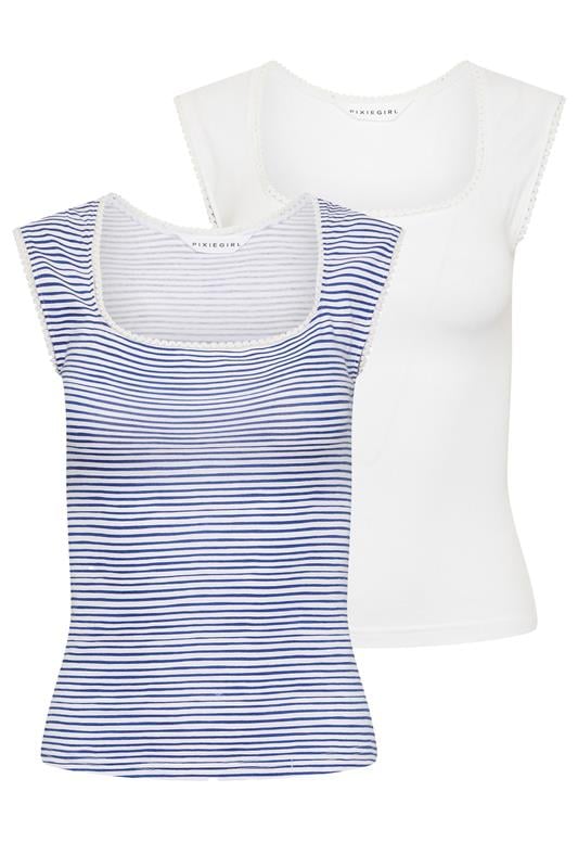 PixieGirl Petite 2 PACK Women's White & Blue Stripe Cotton Vest Top | PixieGirl 9
