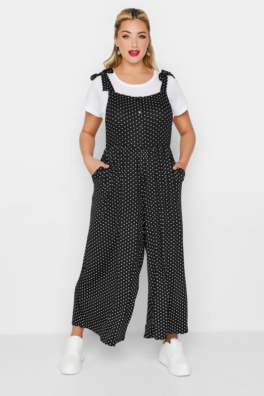LIMITED COLLECTION Plus Size Curve Black Polka Dot Culotte Dungarees | Yours Clothing  1