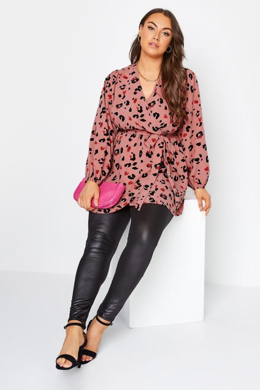 Curve Pink Leopard Print Balloon Sleeve Wrap Top | Yours Clothing 2