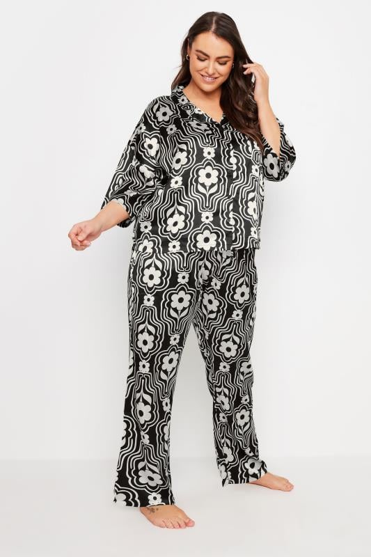 YOURS Plus Size Black Floral Print Satin Pyjama Set | Yours Clothing 2