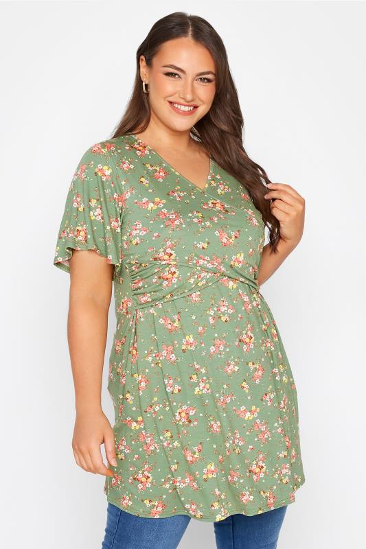 Plus Size BUMP IT UP MATERNITY Green Floral Nursing Top | Yours Clothing 1
