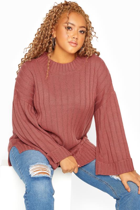 Pink Ribbed Wide Sleeve Knitted Jumper_A.jpg