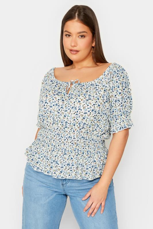 LTS Tall Women's White & Blue Floral Crinkle Bardot Top | Long Tall Sally 1