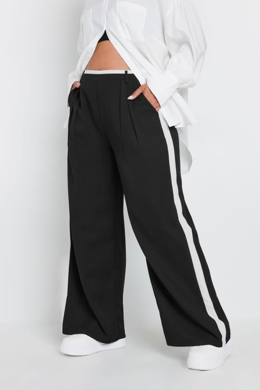 YOURS Plus Size Black Contrast Side Stripe Wide Leg Trousers | Yours Clothing 1