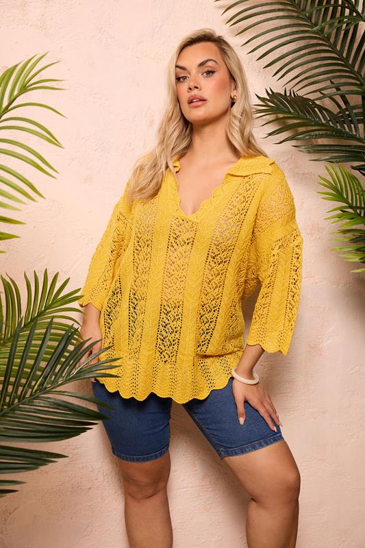  YOURS T-shirt en maille pointelle jaune moutarde 
