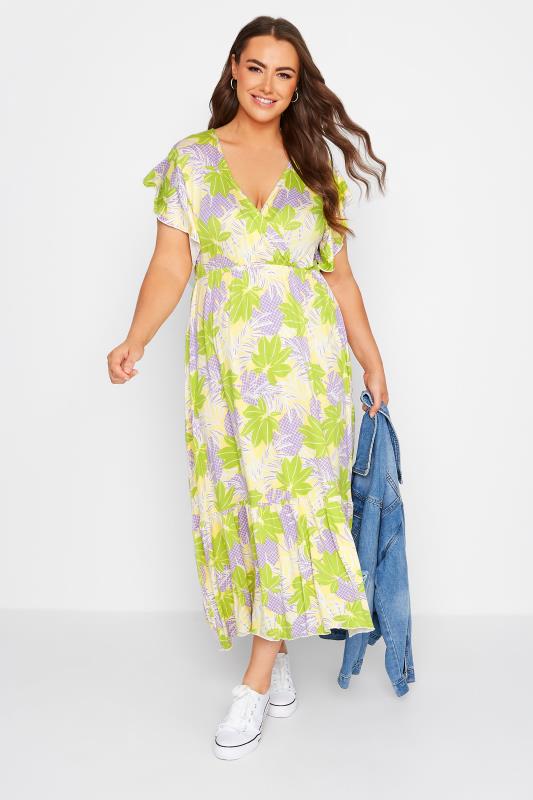  YOURS Curve Yellow Leaf Print Tiered Midaxi Dress