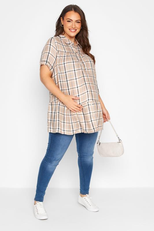 BUMP IT UP MATERNITY Curve Beige Brown Check Print Tiered Shirt 2