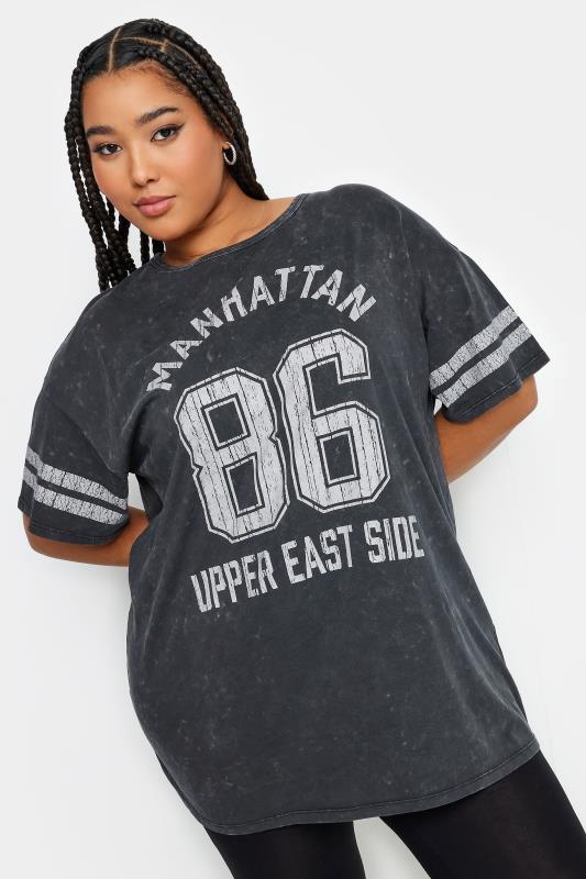YOURS Plus Size Charcoal Grey 'Manhattan' Slogan Acid Wash Varsity T-Shirt | Yours Clothing 2