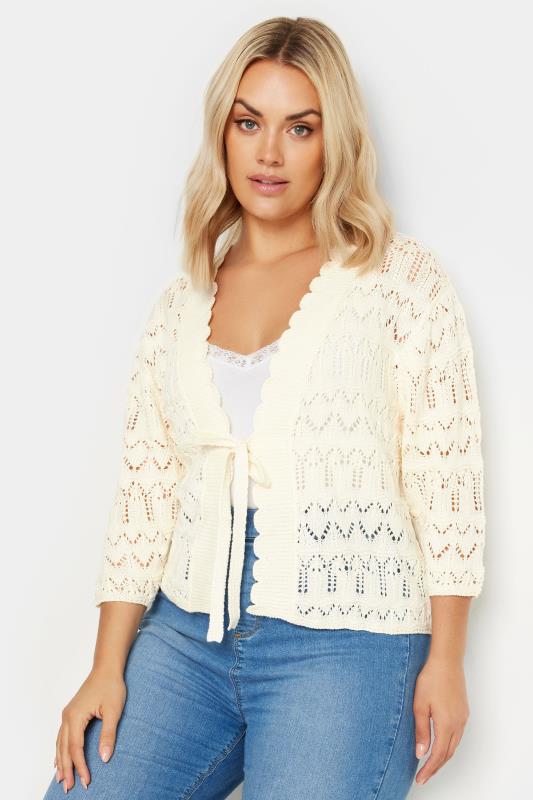 YOURS Plus Size Ivory White Crochet Tie Front Shrug | Yours Clothing 1