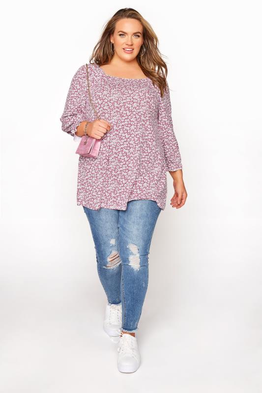 LIMITED COLLECTION Curve Rose Pink Daisy Print Top_B.jpg